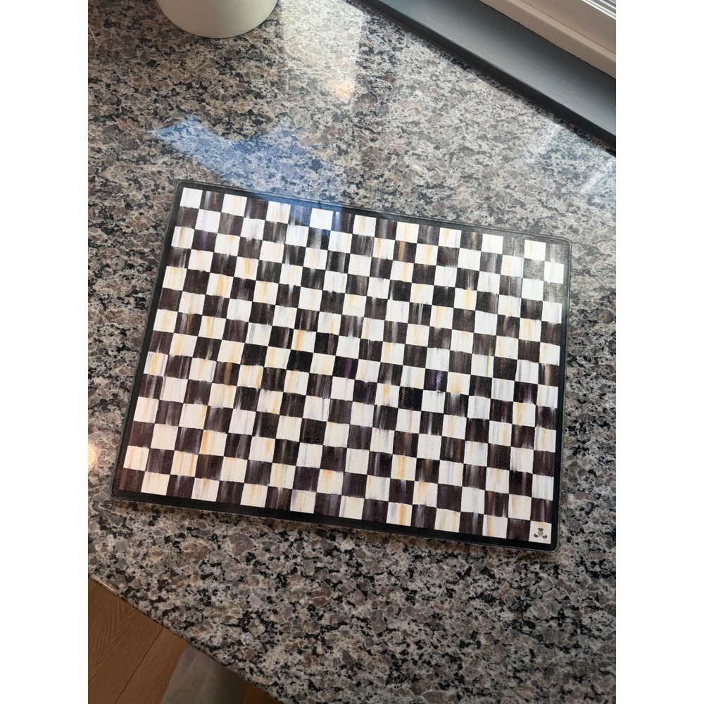 MacKenzie-Childs Courtly Check Glass Cutting Board Large 12x16 Rectangular Black